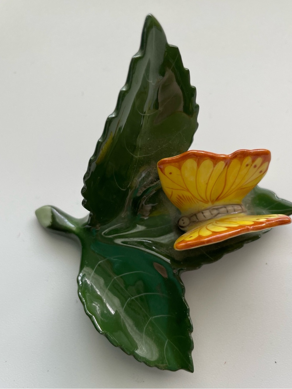Yellow Butterfly Ceramic Leaf Accent - Green & Yellow Decorative Figurine